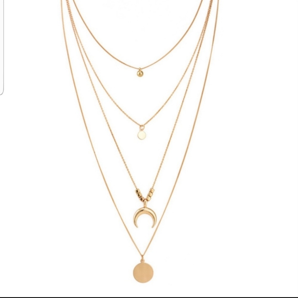 dainty layered necklace gold tone pendant cresent moon - Picture 2 of 2